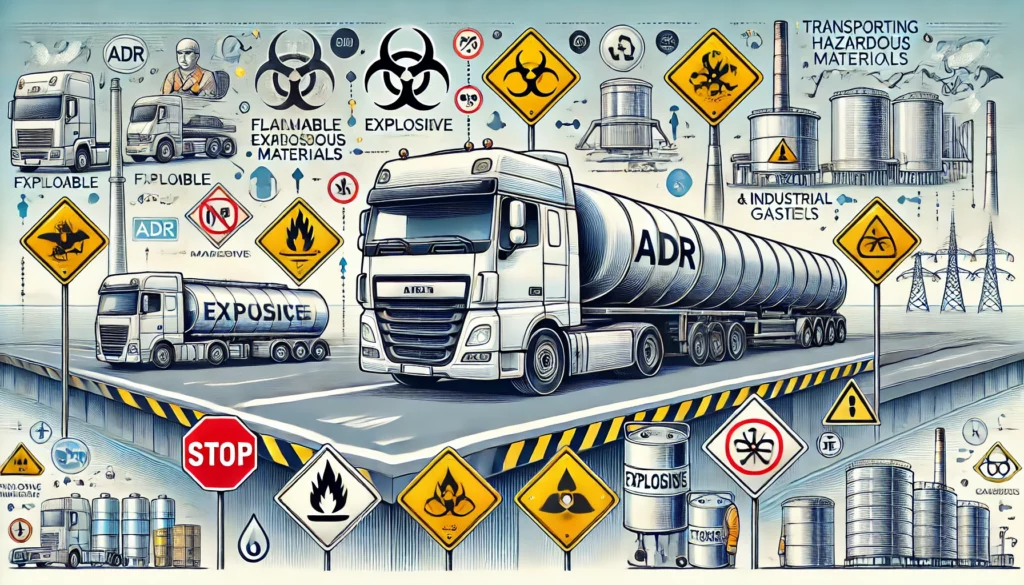 A detailed, informative illustration representing the key safety regulations of the ADR convention for transporting hazardous materials. Show a highwa